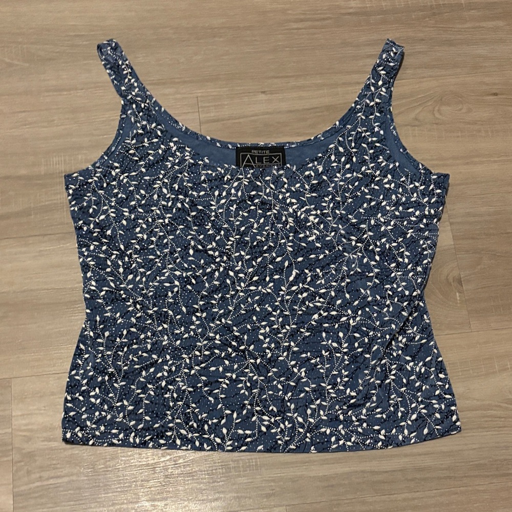 Alex Evenings Blue Tank with Beading and Leaf Pattern